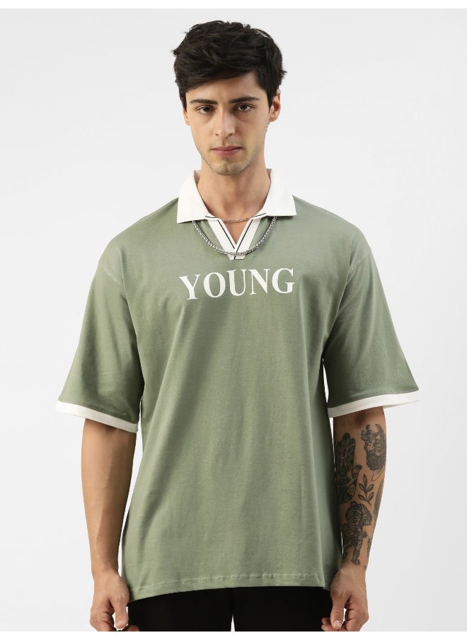 Maniac Maniac Men Printed Polo Neck 3/4th Sleeve Light Green and White Cotton Oversized Fit T-Shirt  - Image 3