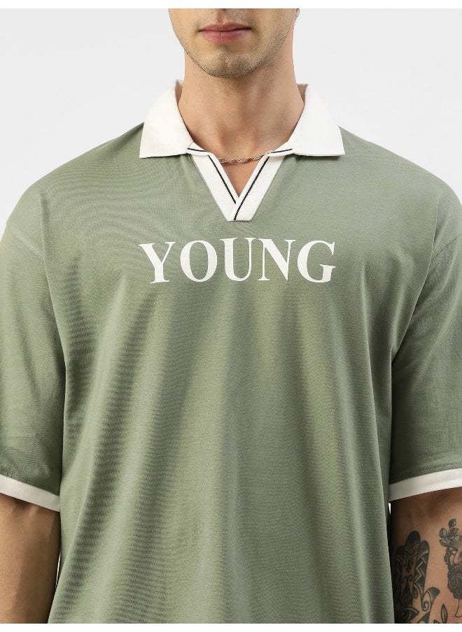 Maniac Maniac Men Printed Polo Neck 3/4th Sleeve Light Green and White Cotton Oversized Fit T-Shirt  - Image 4