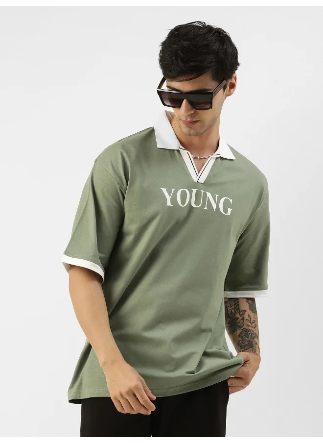 مانياك Maniac Men Printed Polo Neck 3/4th Sleeve Light Green and White Cotton Oversized Fit T-Shirt