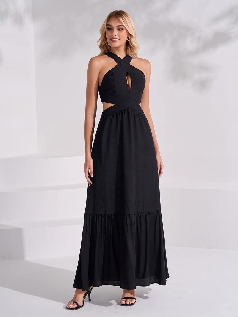EYNMIN Women's Summer Halter Maxi Casual Sundress Ruffle Cut Out Tie Flowy Dress Boho Beach Vacation Long Dresses Black - Image 4