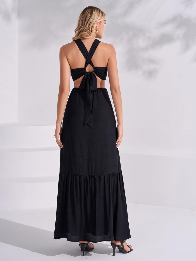 EYNMIN Women's Summer Halter Maxi Casual Sundress Ruffle Cut Out Tie Flowy Dress Boho Beach Vacation Long Dresses Black - Image 3