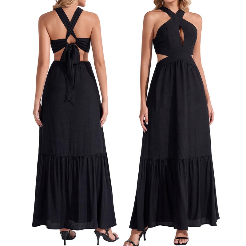 EYNMIN Women's Summer Halter Maxi Casual Sundress Ruffle Cut Out Tie Flowy Dress Boho Beach Vacation Long Dresses Black - Image 1