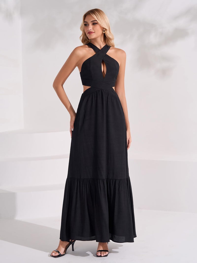 EYNMIN Women's Summer Halter Maxi Casual Sundress Ruffle Cut Out Tie Flowy Dress Boho Beach Vacation Long Dresses Black - Image 2