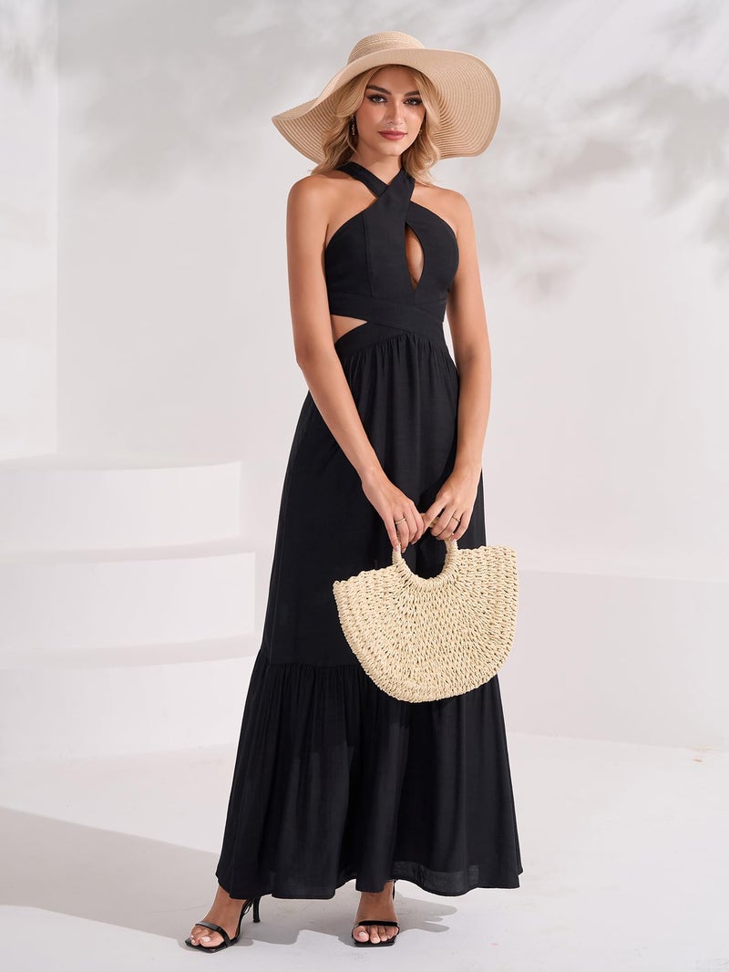 EYNMIN Women's Summer Halter Maxi Casual Sundress Ruffle Cut Out Tie Flowy Dress Boho Beach Vacation Long Dresses Black - Image 5