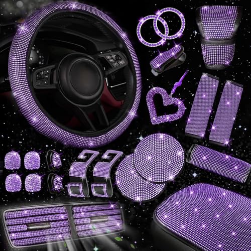 NBTEPEM 30 Pcs Purple Bling Car Accessories Set for Women Purple Steering Wheel Cover Set Bling Console Cover Seat Belt Cushion Shift Knob Cushion Cup Coaster Rhinestone Car Hanging Accessories - Image 1