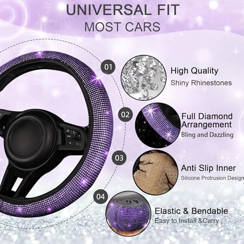 NBTEPEM 30 Pcs Purple Bling Car Accessories Set for Women Purple Steering Wheel Cover Set Bling Console Cover Seat Belt Cushion Shift Knob Cushion Cup Coaster Rhinestone Car Hanging Accessories - Image 3