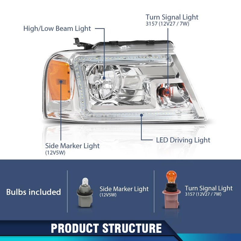 PIT66 LED DRL Headlight Assembly Compatible with 2004-2008 Ford F150/ 06-08 Lincoln Mark LT (NOT Fit 2004 F150 Heritage/Flareside Beds Models) Headlamps Replacement Pair - Image 2