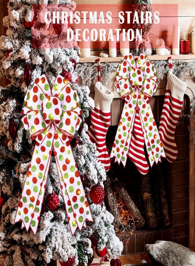 Raiten 2 Pcs LED Red Green Christmas Wreath Bow 18 x 10 Inch Large Christmas Tree Topper Decor Bows Large Xmas Dot Bows Ornaments for Wall Indoor Outdoor Party Decoration - Image 3