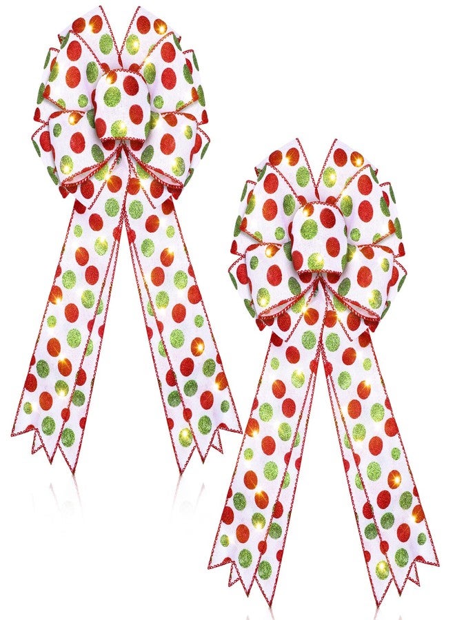 Raiten 2 Pcs LED Red Green Christmas Wreath Bow 18 x 10 Inch Large Christmas Tree Topper Decor Bows Large Xmas Dot Bows Ornaments for Wall Indoor Outdoor Party Decoration - Image 1