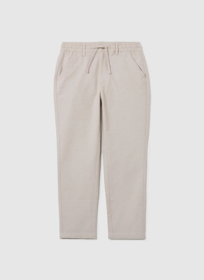 او في اس Beige Cotton Trousers With Elastic Waistband