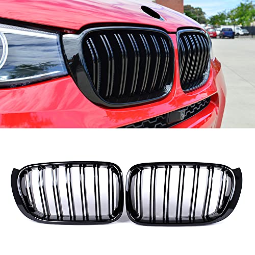 SNA F25 Grill Compatible with BMW 2015-2017 X3 F25, 2015-2018 X4 F26 Front Kidney Grille Gloss Black ABS with Double Slats, 2-pc Set - Image 1