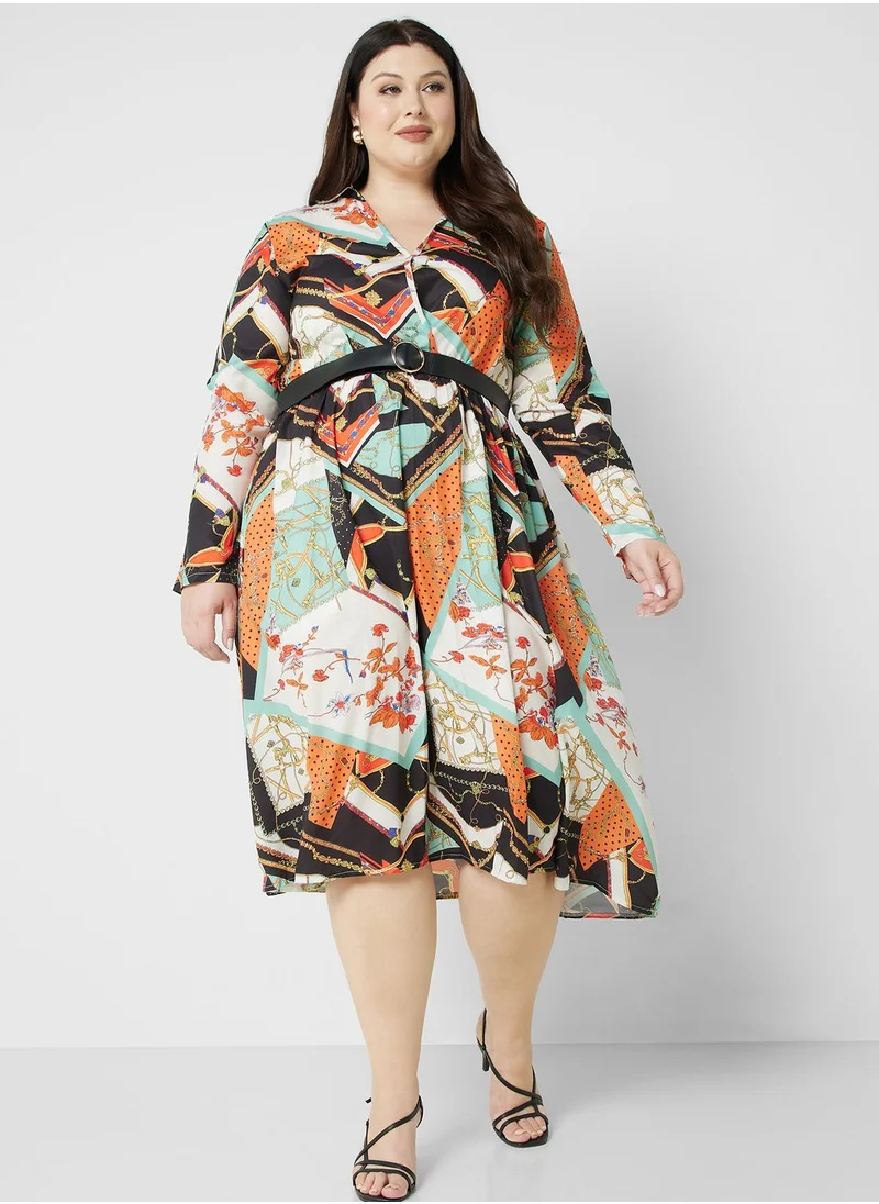 Ella Plus Printed Pleat Detail Fit & Flare Dress