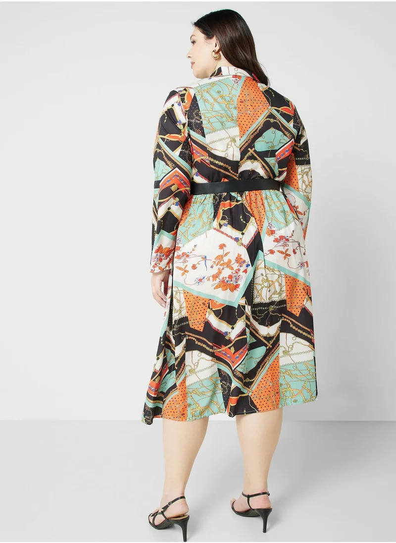 Ella Plus Printed Pleat Detail Fit & Flare Dress