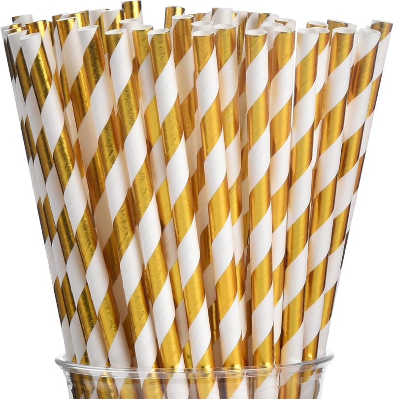 ALINK 100 Counts Stripe Paper Straws (Gold Stripe) - Image 1