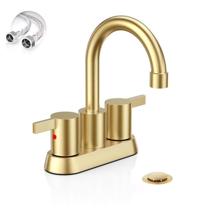 Brushed Gold 4 Inch 2 Handle Centerset LeadFree Bathroom Faucet Swivel Spout with Copper Pop Up Drain and 2 Water Supply Lines BF0151BG