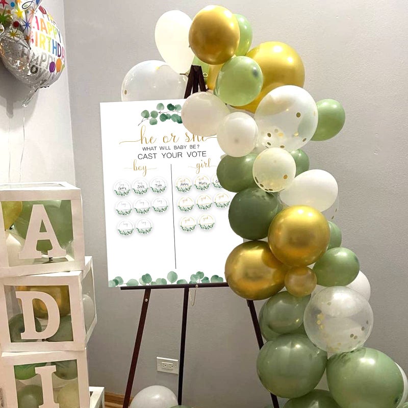 hongpar Greenery Baby Gender Reveal Board with Stand(12x17), 60 Eucalyptus Leaf Boy Girl Voting Stickers, He or She, Cast Your Vote Game, Sage Green Neutral Gender Reveal Party Centerpiece Decorations - Image 5