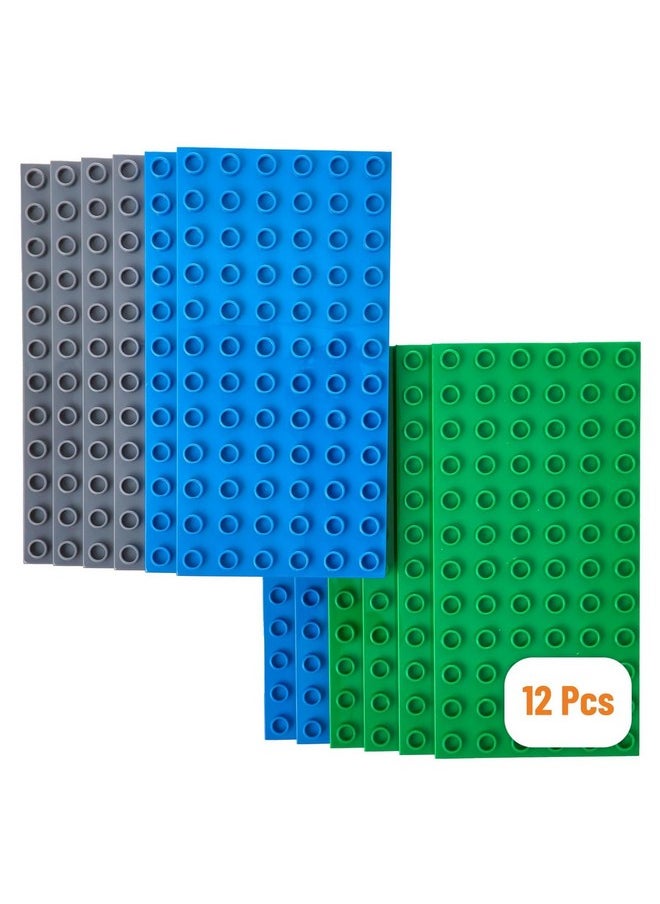 Strictly Briks Strictly Briks Compatible with Lego Duplo 12 Pack Large Building Blocks Baseplates, Big Bricks Stackable Plates 7.5 x 3.75 in for Toddlers Kids, Bigger Size Bricks, Blue, Green & Gray  - Image 1