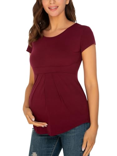 Glampunch Women's Maternity Tops Short & 3/4 Sleeve Round Neck Front Pleat Peplum Tunic Top Pregnancy Shirts - Image 1