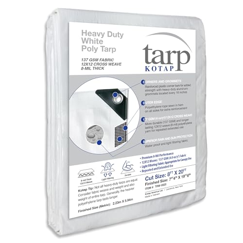 Kotap غطاء كوتاب 8 × 20 قدم. حماية/تغطية ثقيلة، نسج متفوق لطول عمر أكبر 8 مل، متعدد الاستخدامات، مقاوم للماء، أبيض، عبوة واحدة (TRW-0820) - Image 1