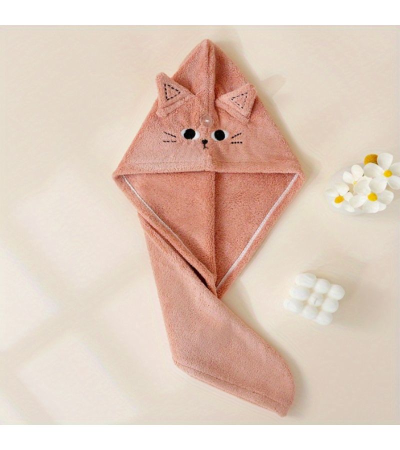 Cute Cat Pink Women Cat Eye Towel Hat For Wet Hair After Bathing Or Swimming - Image 1
