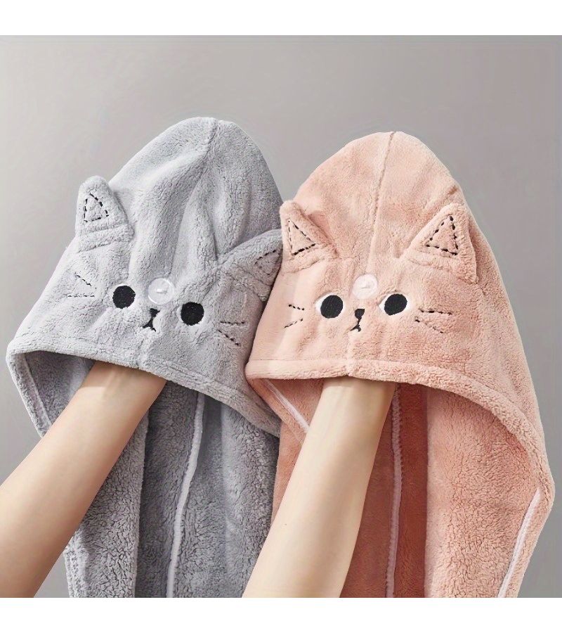 Cute Cat Pink Women Cat Eye Towel Hat For Wet Hair After Bathing Or Swimming - Image 3