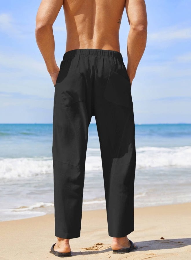 COOFANDY Mens Linen Loose Casual Lightweight Elastic Waist Yoga Beach Pants, B- Black, L - Image 4