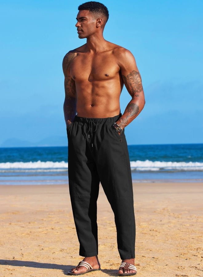 COOFANDY Mens Linen Loose Casual Lightweight Elastic Waist Yoga Beach Pants, B- Black, L - Image 3