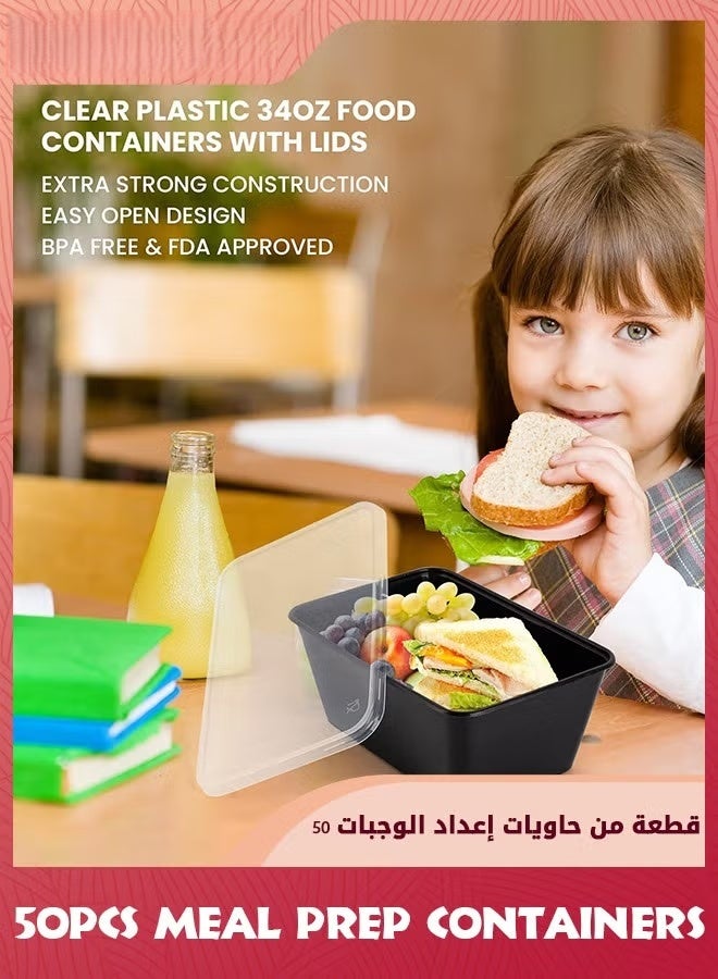 EETU Meal Prep Containers,50Pack 1000ML Food Prep Containers With Lids,Disposable To Go Containers,Plastic Food Storage Containers With Lids,BPA Free,Stackable,Microwave Safe - Image 2