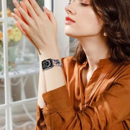 V-MORO Resin Bands Compatible with Apple Watch 42/40/41/38mm Series 11/10/9/8/7 Fashion Lightweight Strap Bracelet Compatible for iWatch Series SE/6/5/4/3/2/1(Tortoise Stone Flower-Black) - Image 2