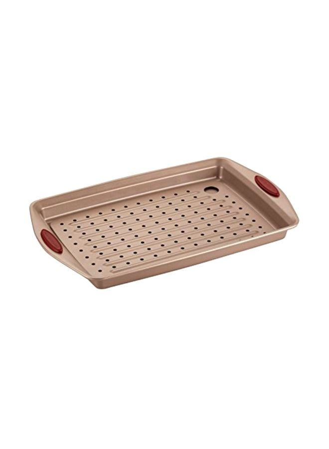 Rachael Ray Cucina Nonstick Bakeware Set with Grips, Nonstick Cookie Sheet / Baking Sheet with Crisper Pan - 2 Piece, Latte Brown with Cranberry Red Handle Grips