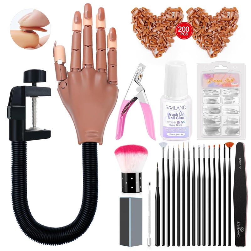 Saviland Practice Hand for Acrylic Nails Flexible Moveable Fake Hands Manicure Trainng Hand Nail Kit for Beginners Movable Nail Maniquin Hand with 200PCS Nail Tips Nail Glues Brush and Clipper