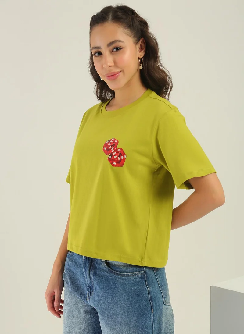 جلو باص Globus Women Green Round Neck Short Sleeves Graphic Print Oversized Fit T-Shirt
