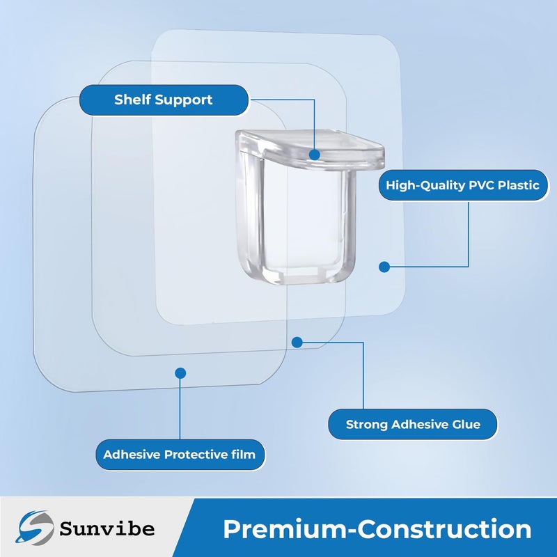 SUNVIBE ® 8 Pieces Adhesive Partition Hook, No Drill Shelf Support Brackets Suitable for Kitchen Lockers, Wardrobes, Display Cabinets - Image 3