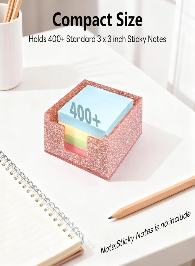 Luminzo Light Pink Sparkling Sticky Note Holder, Glitter Acrylic Organizer, 3.94 x 3.94 in Multi-Use Tray for Office, School & Home Desk - Image 3