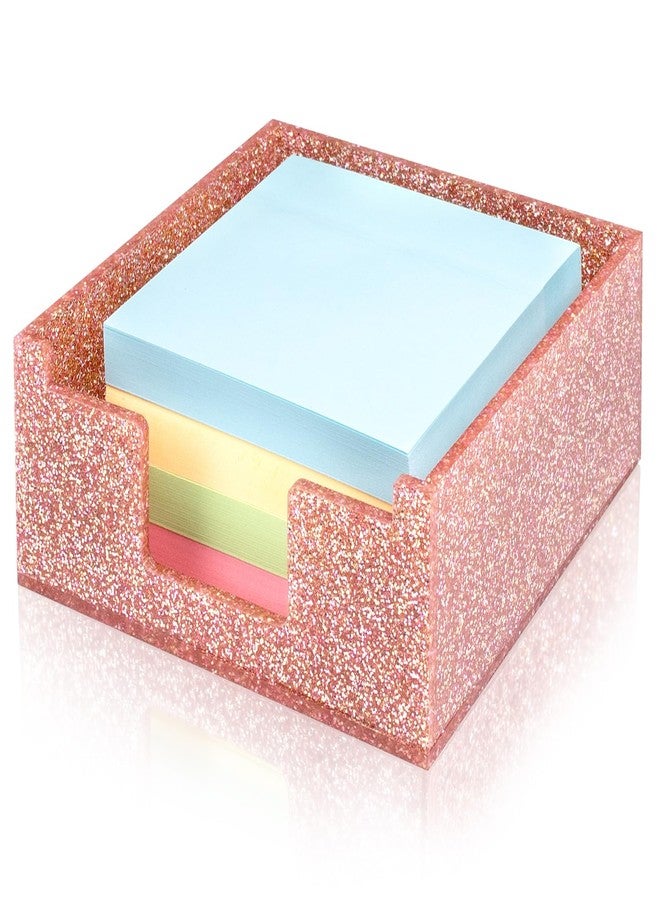 Luminzo Light Pink Sparkling Sticky Note Holder, Glitter Acrylic Organizer, 3.94 x 3.94 in Multi-Use Tray for Office, School & Home Desk - Image 1