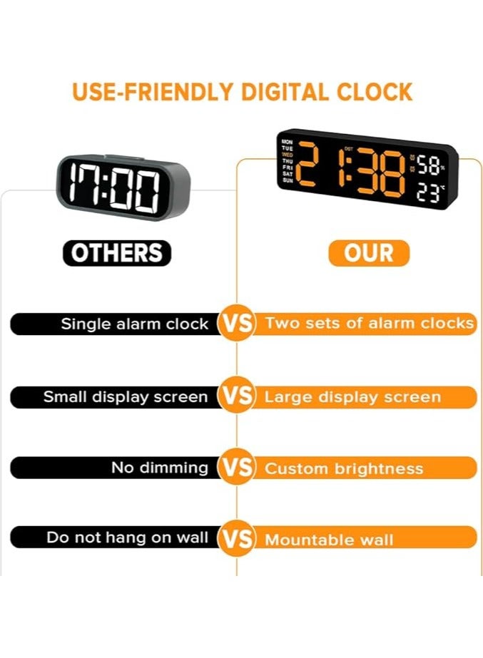 Hihonor Digital Clock, 9" LED Alarm Clock for Bedroom, Bedside Desk Table Clock, Digital Clock with Temperature/DST/Auto-Dimming/Humidity/Snooze - 12/24H, for Deep Sleepers Kids Elderly Home Office - Image 4
