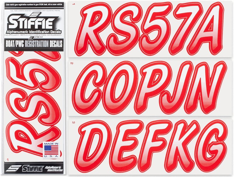Stiffie Whipline White/Red 3" Boat & PWC Registration Decals • Numbers Letters Stickers - Image 1