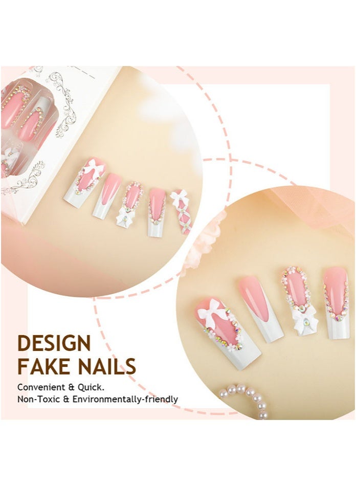 Hot-Selling New Product - French-Style Long Nail Clip Set, Equipped With Shiny Bow Decorations Adorned With Diamonds. Its Style Is Pure And Sensual, Making It Perfect For Sweet Girls. It Contains 24 Items. - Image 3