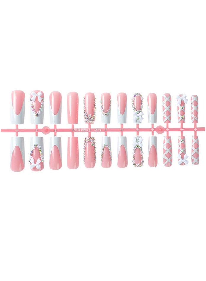 Hot-Selling New Product - French-Style Long Nail Clip Set, Equipped With Shiny Bow Decorations Adorned With Diamonds. Its Style Is Pure And Sensual, Making It Perfect For Sweet Girls. It Contains 24 Items. - Image 1