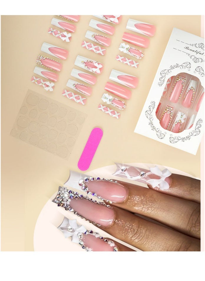 Hot-Selling New Product - French-Style Long Nail Clip Set, Equipped With Shiny Bow Decorations Adorned With Diamonds. Its Style Is Pure And Sensual, Making It Perfect For Sweet Girls. It Contains 24 Items. - Image 2
