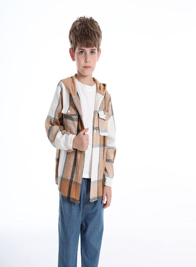 Feidoog Toddler Baby Boys and Girls Plaid Shirts Hooded Jacket Long Sleeve Lapel Button Down Top Outwear Clothes,Brown,2-3T - Image 2