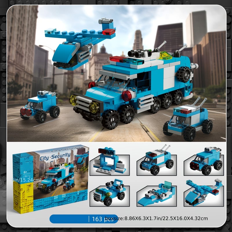 163pcs City Police Series Building Block Set - Assemble 6 Exciting Vehicle Models - Educational Construction Toy Kit with Airplane, Patrol Boat, and Role Play for Ages 6+, Perfect Party Gift