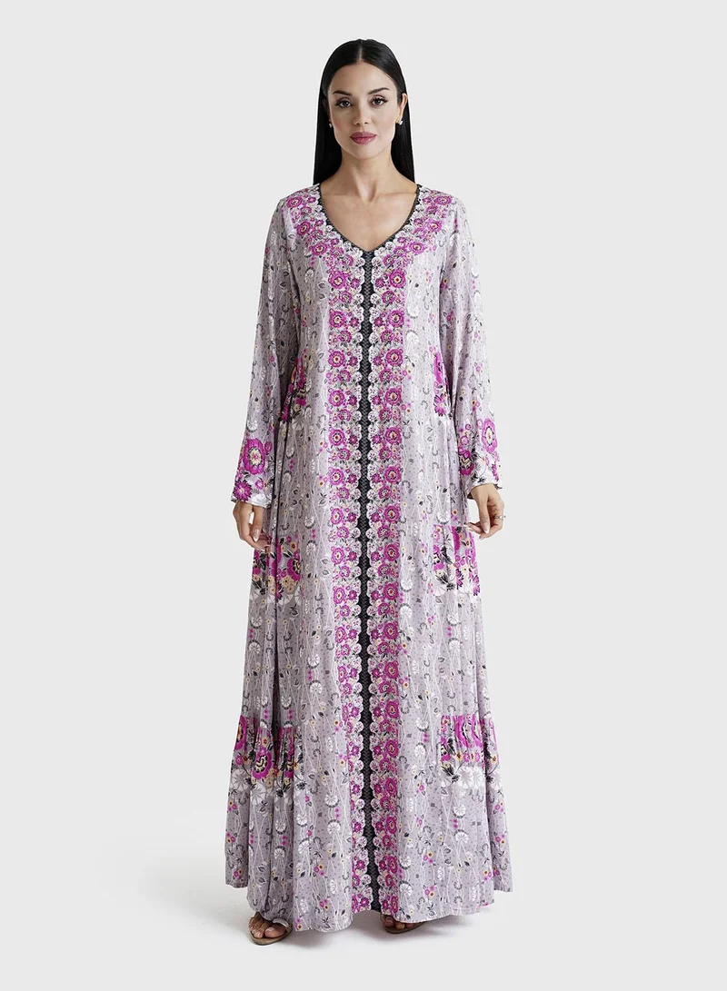 KASHKHA Purple Ash Floral Printed Rayon Stone Work Jalabiya (VDE196)