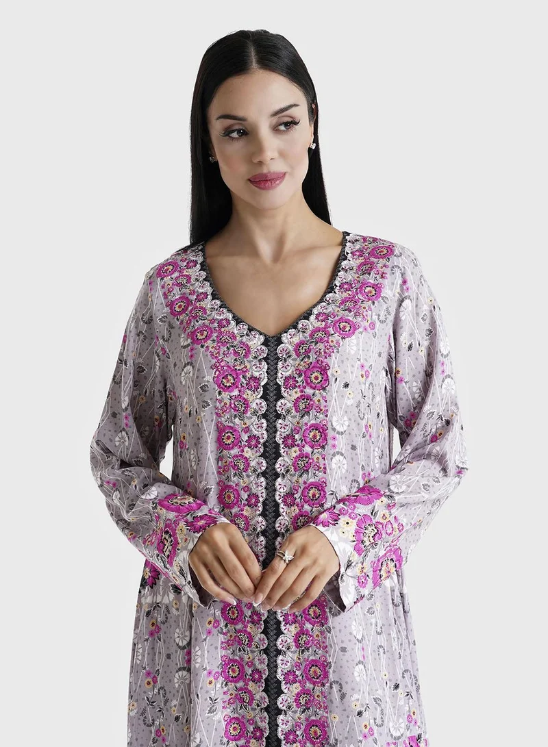 KASHKHA Purple Ash Floral Printed Rayon Stone Work Jalabiya (VDE196)