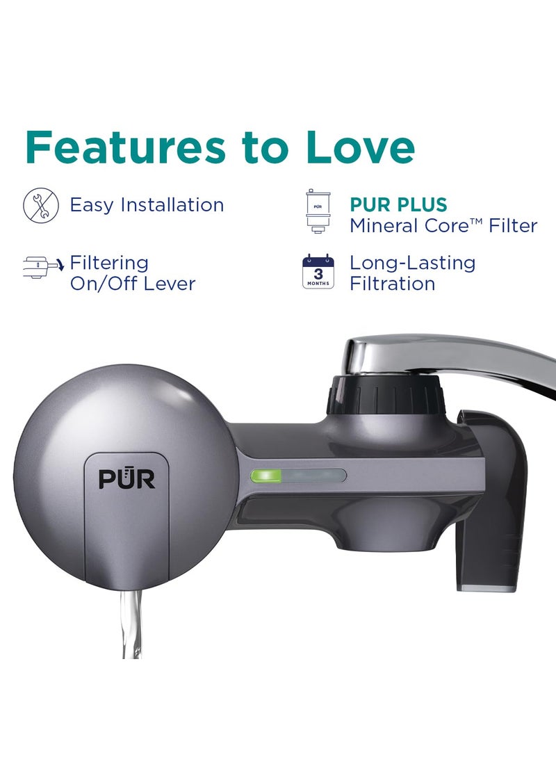 PUR PLUS Horizontal Faucet Mount Water Filtration System with 3in1 Lead Reducing Filter for GreatTasting Filtered Tap Water Lasts 100 Gallons Fits Most Kitchen or Bathroom Faucets Metallic Grey