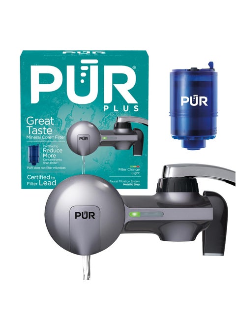PUR PLUS Horizontal Faucet Mount Water Filtration System with 3in1 Lead Reducing Filter for GreatTasting Filtered Tap Water Lasts 100 Gallons Fits Most Kitchen or Bathroom Faucets Metallic Grey