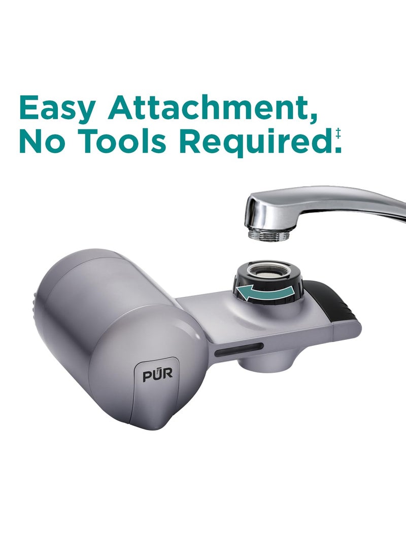 PUR PLUS Horizontal Faucet Mount Water Filtration System with 3in1 Lead Reducing Filter for GreatTasting Filtered Tap Water Lasts 100 Gallons Fits Most Kitchen or Bathroom Faucets Metallic Grey