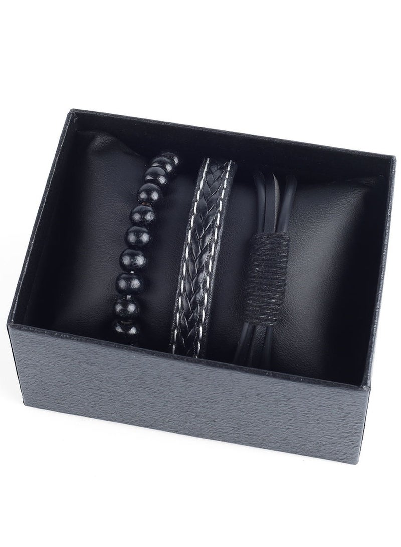 توبي طقم أساور جلدية رجالية فاخرة - مجموعة 3 أساور أسود من الجلد الصناعي بتصميم عصري أنيق - هدية مثالية للرجال في علبة هدايا مميزة - Image 1