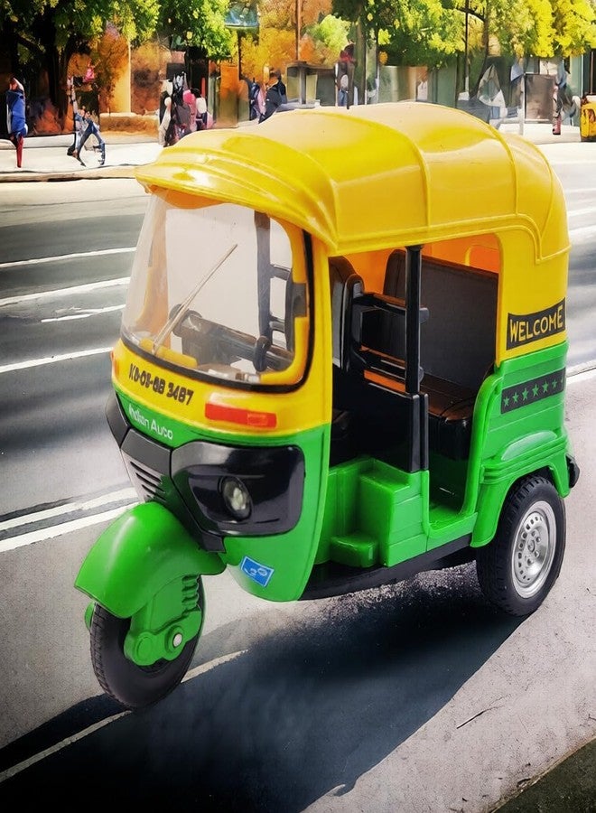 Space Enterprises Auto Rickshaw Toy,with Pull Back Action City Traffic Vehicles Public Transport Toy with Light and Sound for Boys and Girls, Green Colour (Pack of 1) - Image 2
