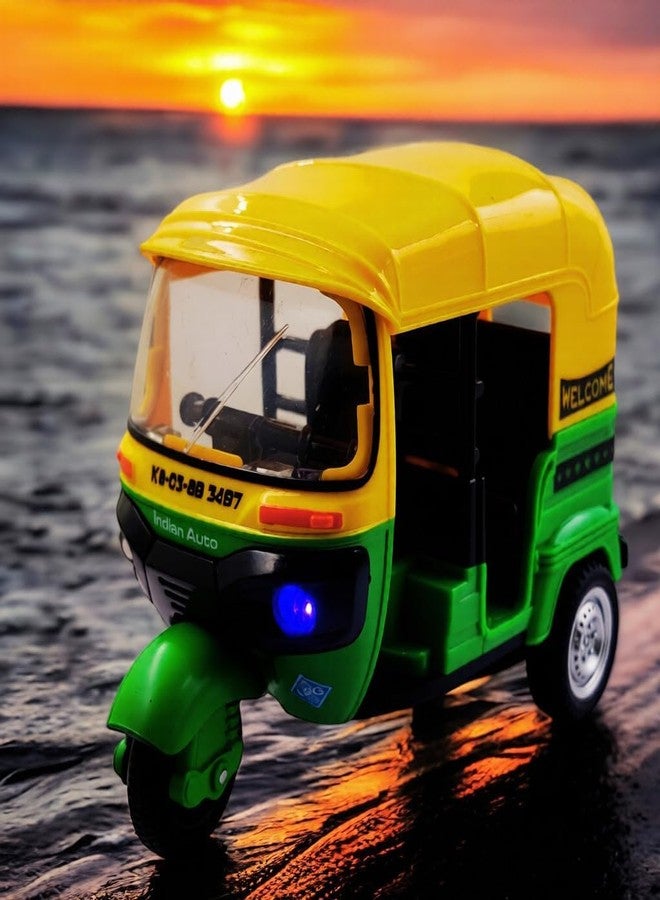 Space Enterprises Auto Rickshaw Toy,with Pull Back Action City Traffic Vehicles Public Transport Toy with Light and Sound for Boys and Girls, Green Colour (Pack of 1) - Image 4
